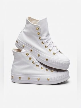 Converse White High-Top Sneakers with Gold Stud Details